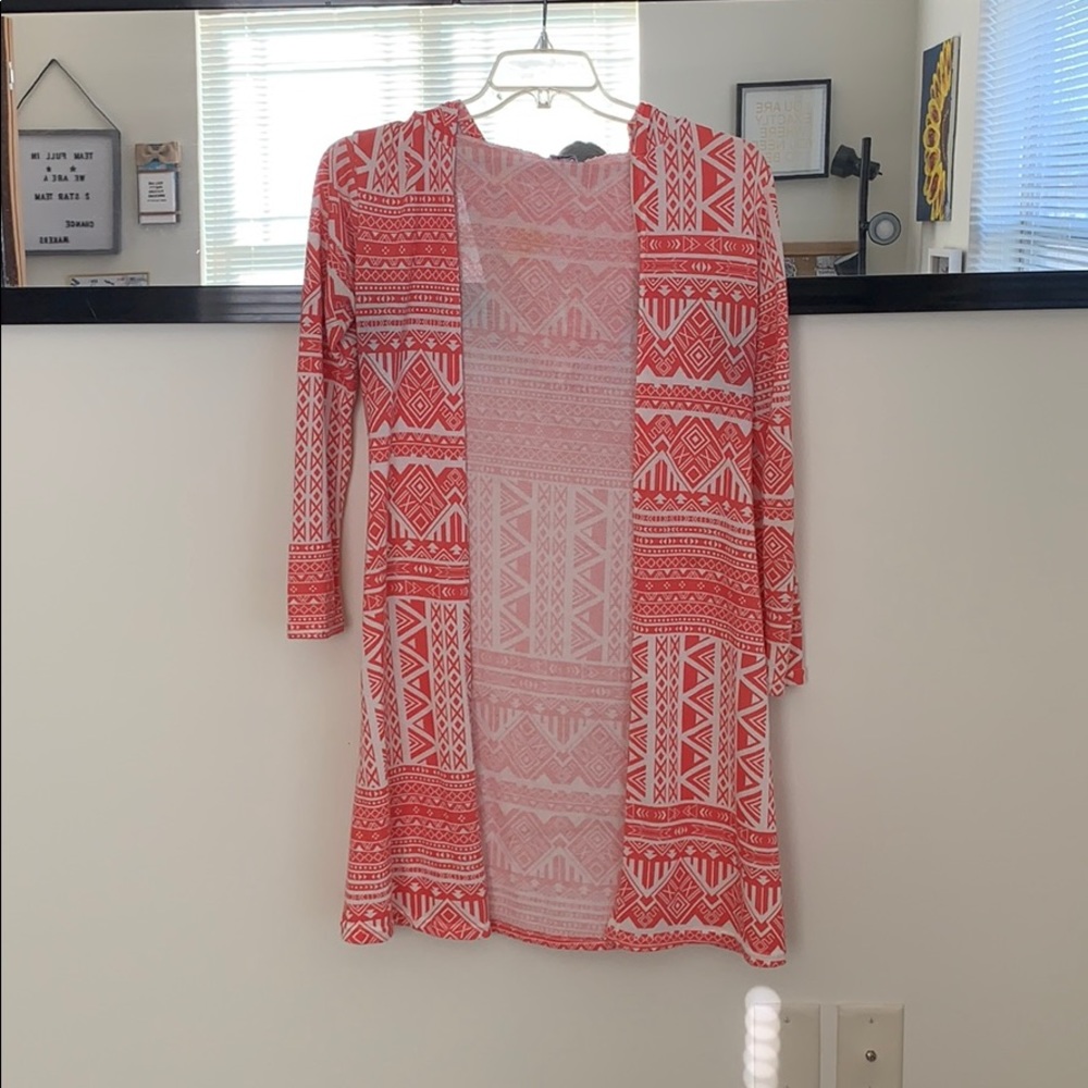 Pink Aztec long cardigan with hood -L